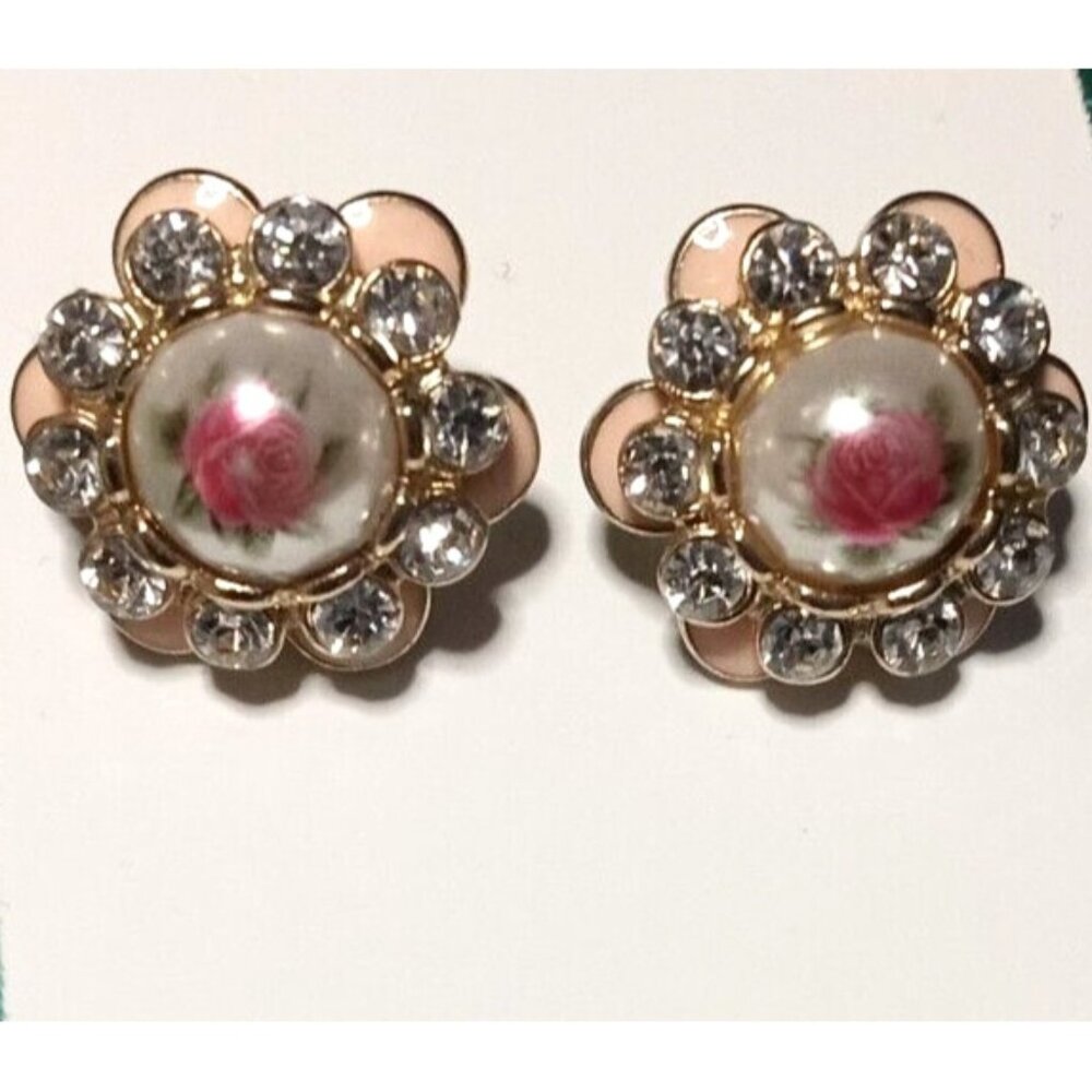 VINTAGE Pink Enamel Rose Stud Earrings Rhinestone Guilloche Limoges Style Flower
